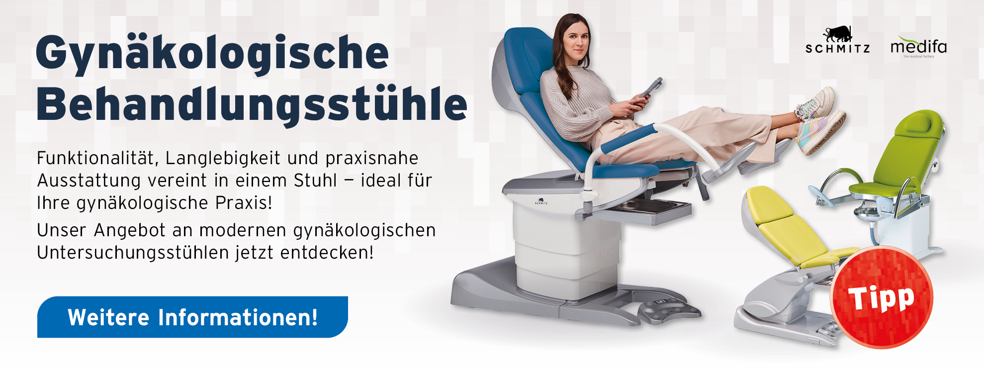 Gynaekologische Behandlungsstuehle; Funktionalitaet, Langlebigkeit und praxisnahe Ausstattung vereint in einem Stuhl - ideal für Ihre gynaekologische Praxis! Unser Angebot an modernen, gynaekologischen Untersuchungsstühlen